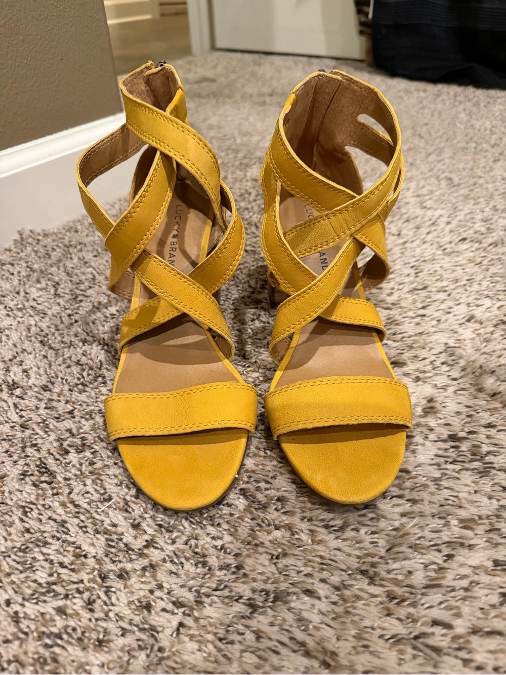 Lucky Brand Mustard Yellow Crisscross Heeled Sandals